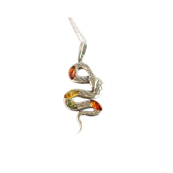 Baltic Amber Rattle Snake Pendant Necklace in 925 Sterling Silver - Picture 1 of 4